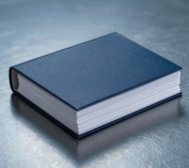 A stack of professional business documents bound in a dark navy blue folder, resting on a polished steel blue surface. Minimalist and authoritative lighting.