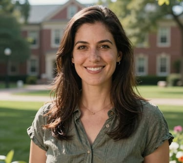 A portrait of a friendly woman with a warm expression, standing in a sunlit garden on a North American college campus, North American / US style.