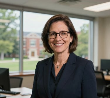 A portrait of a professional woman with glasses, smiling in a bright office with a window view of green trees on a college campus, North American / US style.