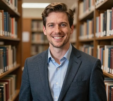 A portrait of a professional man in a business casual suit, smiling warmly in a library setting with rows of books, North American / US style.