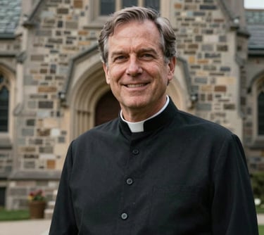 A portrait of a mature man in a clerical shirt, standing with a kind expression in front of a stone wall of a college chapel, North American / US style.