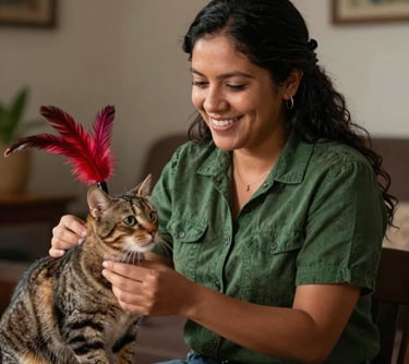 A portrait of a smiling Latin American woman in a forest green shirt, playing with a cat using a crimson feather toy. Warm indoor lighting.