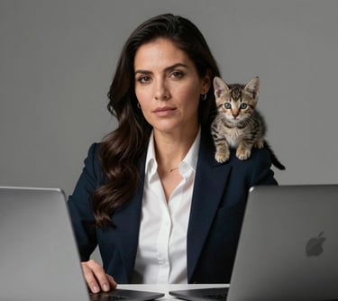 A portrait of a professional Latin American woman sitting at a desk with a laptop, while a small kitten sits on her shoulder. Professional photography style.