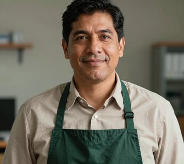 A portrait of a Latin American man in a professional setting, looking at the camera with a friendly expression. He is wearing a dark forest green apron over a beige shirt.