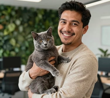 A portrait of a Latin American man in a beige sweater, holding a friendly gray cat and smiling. He is in a bright, modern office with forest green accents.