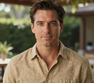 A professional headshot of a man in a tan linen shirt, with a confident expression, set against a North American garden patio background in bright natural light.