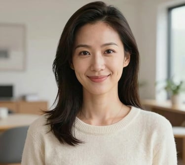 A professional headshot of a woman in a cream sweater, friendly and approachable, set against a clean modern North American interior background with soft lighting.