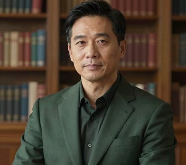 A professional headshot of a man in a charcoal green suit, with a trustworthy and focused expression, set against an elegant library background in a North American home.