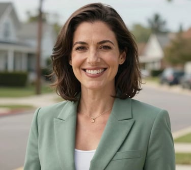 A professional headshot of a woman in a sage green blazer, smiling warmly, with a North American suburb blurred in the background and soft natural lighting.