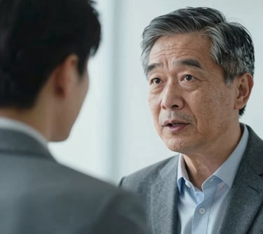 A close-up of a mentor speaking with a younger leader in a bright, modern setting, focusing on the expression of wisdom and the connection between the two, with soft slate blue highlights.