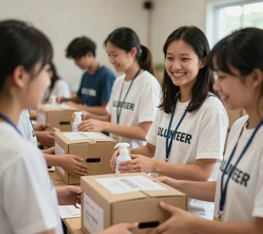 A photography of volunteers in a local community setting, working together with smiles of hope to distribute resources, conveying the ministry's focus on outreach and transformative missions work.