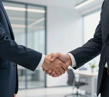 A professional and empowering shot of two individuals shaking hands in a bright, modern office space with clean lines and soft steel blue accents, representing value creation and purpose-driven ventures.