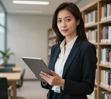 Professional portrait of a female Southeast Asian content strategist in a sleek, minimalist modern library setting, holding a digital tablet.