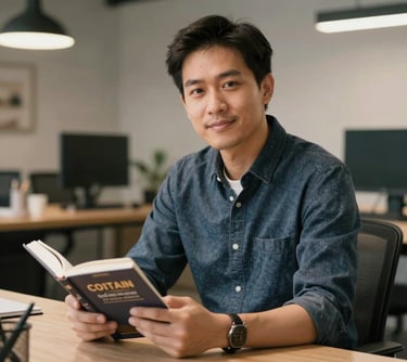 Professional portrait of a male Southeast Asian graphic designer in a modern creative workspace, holding a book, soft warm lighting, professional atmosphere.