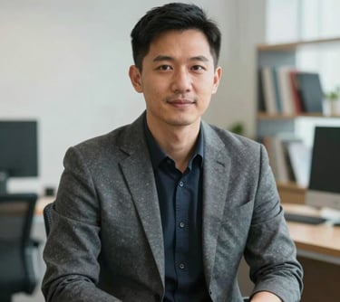 Professional portrait of a male Southeast Asian editor in business casual attire, sitting in a bright, modern office with books in the background, soft lighting.