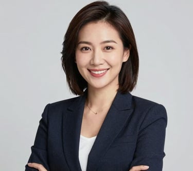 Professional portrait of a female Southeast Asian publishing manager, dressed in a professional blazer, smiling confidently in a modern studio with a clean light gray background.