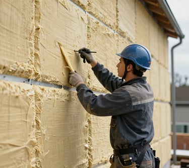 A clean photograph showing the installation of modern exterior wall insulation by a professional worker in protective gear. Focus on the texture of the insulating material and the precision of the work. Central European / German construction site.