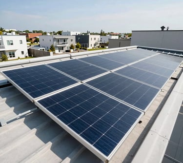 A professional photograph of a rooftop solar array with high-efficiency panels. In the background, a clean modern neighborhood is visible under a bright sky. Lighting is clear and bright, emphasizing green energy.
