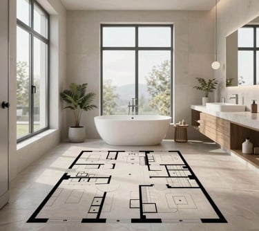 A crisp photograph of a renovated interior with a newly designed floor plan. Large windows let in plenty of light, highlighting a modern wellness-bathroom with high-end fixtures. Central European / German interior design.