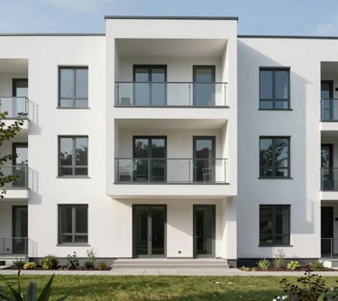A professional photograph of a newly constructed modern apartment building with a minimalist garden and clean white lines. Central European / German architecture, daylight lighting.