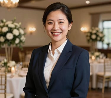 Professional headshot of an event coordinator with a friendly smile, dressed in a sleek navy blazer, in a beautifully decorated North American wedding venue hall. Warm, premium, and welcoming ambiance.
