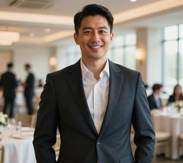 Professional headshot of a welcoming venue director, dressed in professional business attire, standing inside a bright, modern, elegant event hall in North America. Natural warm light, sophisticated look.