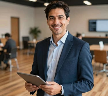 Professional headshot of an operations manager standing inside a versatile event space with warm wood floors, holding a tablet, displaying a confident, welcoming expression. North American context.
