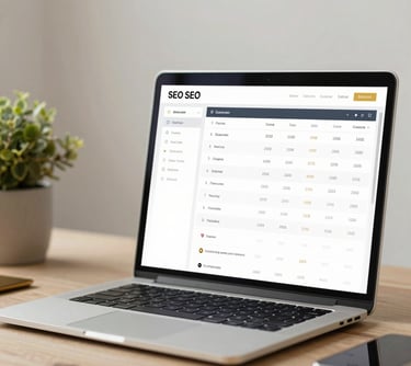 A professional digital marketing workspace with a MacBook showing data analytics and SEO keyword rankings, styled with gold and dark charcoal accents.