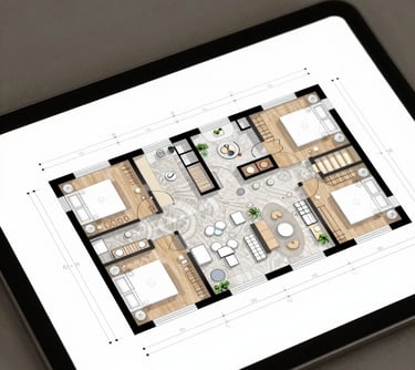 A close-up of a high-quality 3D architectural floor plan on a tablet screen, showing meticulous residential design details and premium materials.