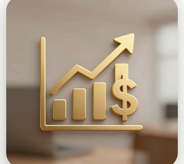 Icon for paid advertising: a minimalist bar chart with a rising arrow and a dollar sign, designed in a high-end corporate style using gold (#C4A05B).