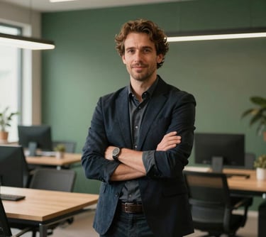 A professional creative director in a modern European / Portuguese office, minimal Scandinavian interior, warm lighting, Matte Forest Green accents in the background.