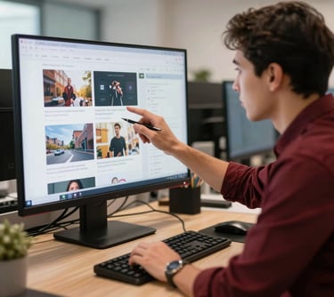 A social media manager reviewing content on a screen in a professional European / Portuguese office environment, Deep Ripe Crimson design elements on the desk.
