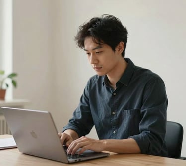 A digital marketing strategist working on a laptop in a bright European / Portuguese studio, Crisp Parchment walls, professional atmosphere, minimalist decor.