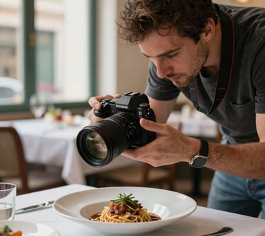 A food photographer adjusting lighting for a dish in a European / Portuguese restaurant setting, high-end camera equipment, natural soft light, professional focus.