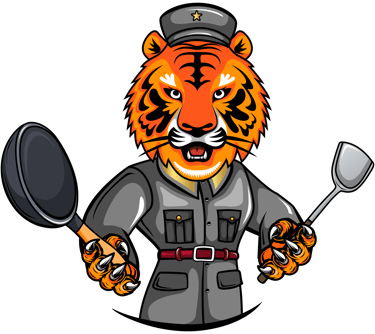 a tiger mascot mascot with a military hat and chef cooking ustensile.