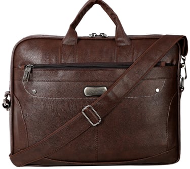 brown leather office bags with silver metal holders and strap