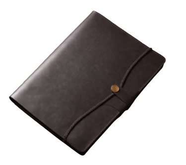 a brown leather folder with a buttoned closure