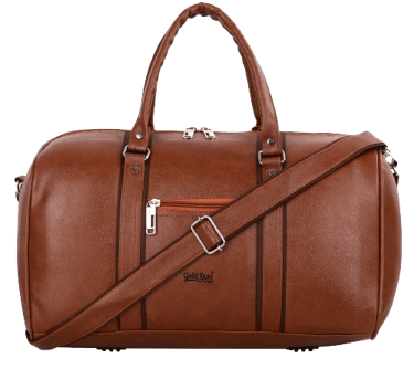 a brown leather duffel bag with a logo and shoulder strap with metal fittings