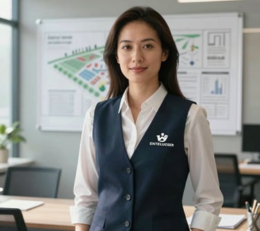A professional portrait of a woman in business casual attire with a branded vest, standing in a sunlit modern office with agricultural blueprints in the background, North American setting, soft lighting, professional and trustworthy style.