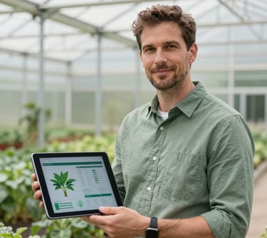 A professional portrait of a man in a sage green collared shirt standing in front of a modern greenhouse, holding a tablet showing crop health data, North American agricultural setting, bright and clean lighting, professional style.