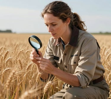A professional portrait of a woman agronomist kneeling in a wheat field, examining the crop with a magnifying glass, North American setting, natural sunlight, wearing professional field gear, trustworthy and focused atmosphere.