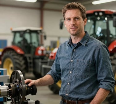 A professional portrait of a man in a clean workshop setting with modern agricultural machinery parts visible, North American setting, professional attire, soft indoor lighting, conveying expertise and innovation.