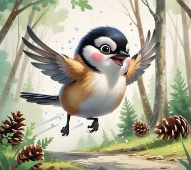 Chester Chickadee flying through the forest