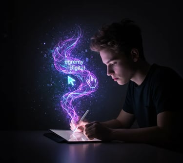 Artista joven dibuja en tablet con espiral holográfica y logo Egremy Digital, simboliza creatividad digital.