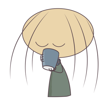 Minimalist cartoon illustration of a character with long hair drinking from a blue coffee mug.