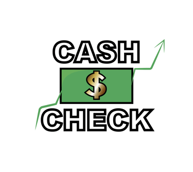 Cash Check Logo: Schwarzer Schriftzug 'CASH CHECK' mit einem grünen Geldschein in der Mitte.