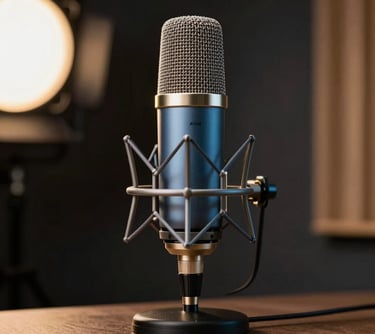 A sleek, professional photography shot of a high-end podcasting studio setup in North America, featuring a steel blue condenser mic and warm gold lighting accents against a clean, dark backdrop.