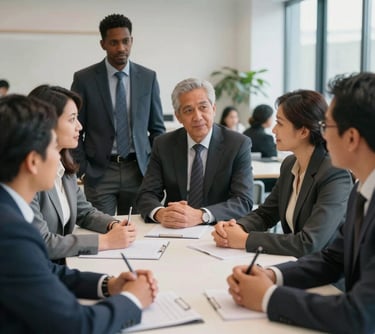 A photograph representing community collaboration: a group of diverse professionals in North American business attire gathered around a table in a bright, modern community center, engaged in an inspiring discussion.