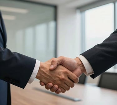 A close-up photograph of a professional handshake between two individuals in business suits within a sunlit, modern North American boardroom, representing strategic funding and partnership.