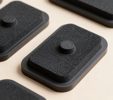 Close-up of industrial vacuum suction pads for automated assembly lines. The pads are black and set against a clean, light beige background, showing their flexible texture.